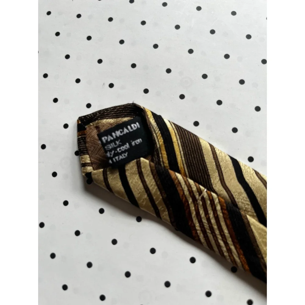 Vitaliano Pancaldi Italy Silk Tie Gold Brown Striped Geometric Vintage Mens 4